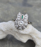 14k white gold Emerald & Diamond estate Art Deco vintage antique ring