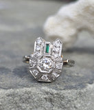 14k white gold Emerald & Diamond estate Art Deco vintage antique ring