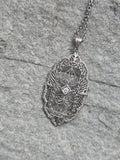 14k white gold Deco c.1920's diamond filigree necklace pendant