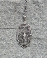14k white gold Deco c.1920's diamond filigree necklace pendant