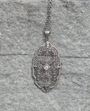 14k white gold Deco c.1920's diamond filigree necklace pendant