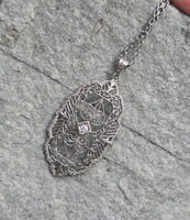 14k white gold Deco c.1920's diamond filigree necklace pendant