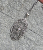 14k white gold Deco c.1920's diamond filigree necklace pendant