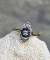 18ct gold two tone Deco estate sapphire & diamond navette target ring