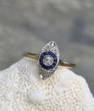 18ct gold two tone Deco estate sapphire & diamond navette target ring