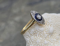 18ct gold two tone Deco estate sapphire & diamond navette target ring