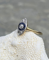 18ct gold two tone Deco estate sapphire & diamond navette target ring