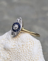 18ct gold two tone Deco estate sapphire & diamond navette target ring