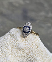 18ct gold two tone Deco estate sapphire & diamond navette target ring