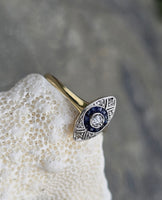 18ct gold two tone Deco estate sapphire & diamond navette target ring