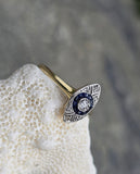 18ct gold two tone Deco estate sapphire & diamond navette target ring