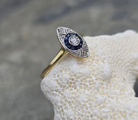 18ct gold two tone Deco estate sapphire & diamond navette target ring