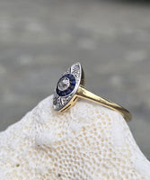 18ct gold two tone Deco estate sapphire & diamond navette target ring