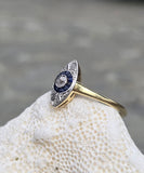 18ct gold two tone Deco estate sapphire & diamond navette target ring