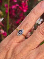 18ct gold two tone Deco estate sapphire & diamond navette target ring