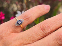 18ct gold two tone Deco estate sapphire & diamond navette target ring