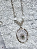 14k white gold Deco c.1920's filigree camphor & emerald pendant necklace