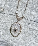 14k white gold Deco c.1920's filigree camphor & emerald pendant necklace