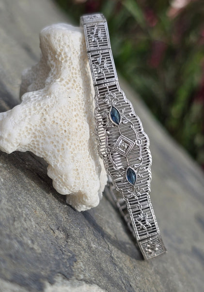 10k white gold Deco filigree diamond & blue sapphire antique bracelet