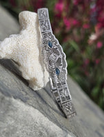10k white gold Deco filigree diamond & blue sapphire antique bracelet