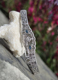 10k white gold Deco filigree diamond & blue sapphire antique bracelet