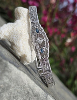 10k white gold Deco filigree diamond & blue sapphire antique bracelet