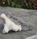 10k white gold Deco filigree diamond & blue sapphire antique bracelet