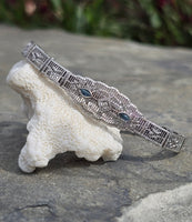 10k white gold Deco filigree diamond & blue sapphire antique bracelet