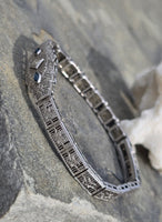 10k white gold Deco filigree diamond & blue sapphire antique bracelet