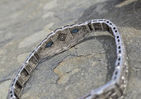 10k white gold Deco filigree diamond & blue sapphire antique bracelet