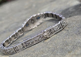 10k white gold Deco filigree diamond & blue sapphire antique bracelet