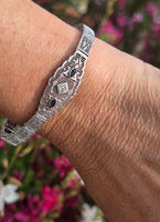 10k white gold Deco filigree diamond & blue sapphire antique bracelet