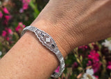 10k white gold Deco filigree diamond & blue sapphire antique bracelet