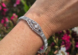 10k white gold Deco filigree diamond & blue sapphire antique bracelet