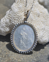 Platinum & 18ct two tone carved religious & seed pearl estate necklace pendant