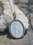 Platinum & 18ct two tone carved religious & seed pearl estate necklace pendant