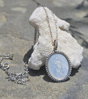Platinum & 18ct two tone carved religious & seed pearl estate necklace pendant