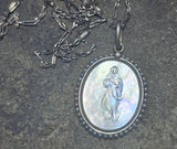 Platinum & 18ct two tone carved religious & seed pearl estate necklace pendant
