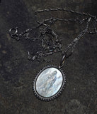 Platinum & 18ct two tone carved religious & seed pearl estate necklace pendant