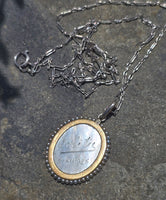 Platinum & 18ct two tone carved religious & seed pearl estate necklace pendant