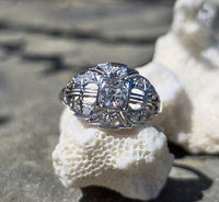 Platinum Art Deco c.1920's filigree European cut diamond ring