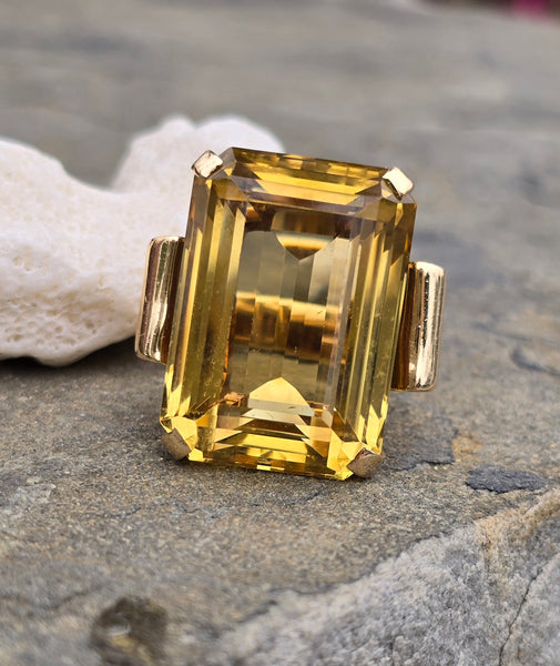 14k yellow gold emerald cut CITRINE estate cocktail ring apx 50ct