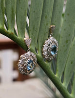 18k gold two tone Deco filigree aquamarine & diamond antique earrings