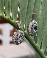 18k gold two tone Deco filigree aquamarine & diamond antique earrings