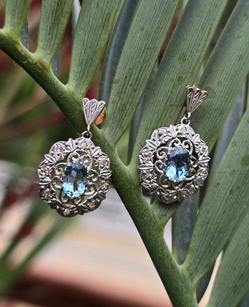 18k gold two tone Deco filigree aquamarine & diamond antique earrings