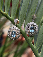 18k gold two tone Deco filigree aquamarine & diamond antique earrings