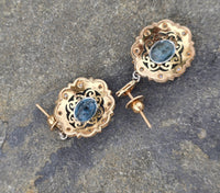 18k gold two tone Deco filigree aquamarine & diamond antique earrings