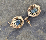 18k gold two tone Deco filigree aquamarine & diamond antique earrings