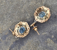 18k gold two tone Deco filigree aquamarine & diamond antique earrings