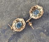 18k gold two tone Deco filigree aquamarine & diamond antique earrings